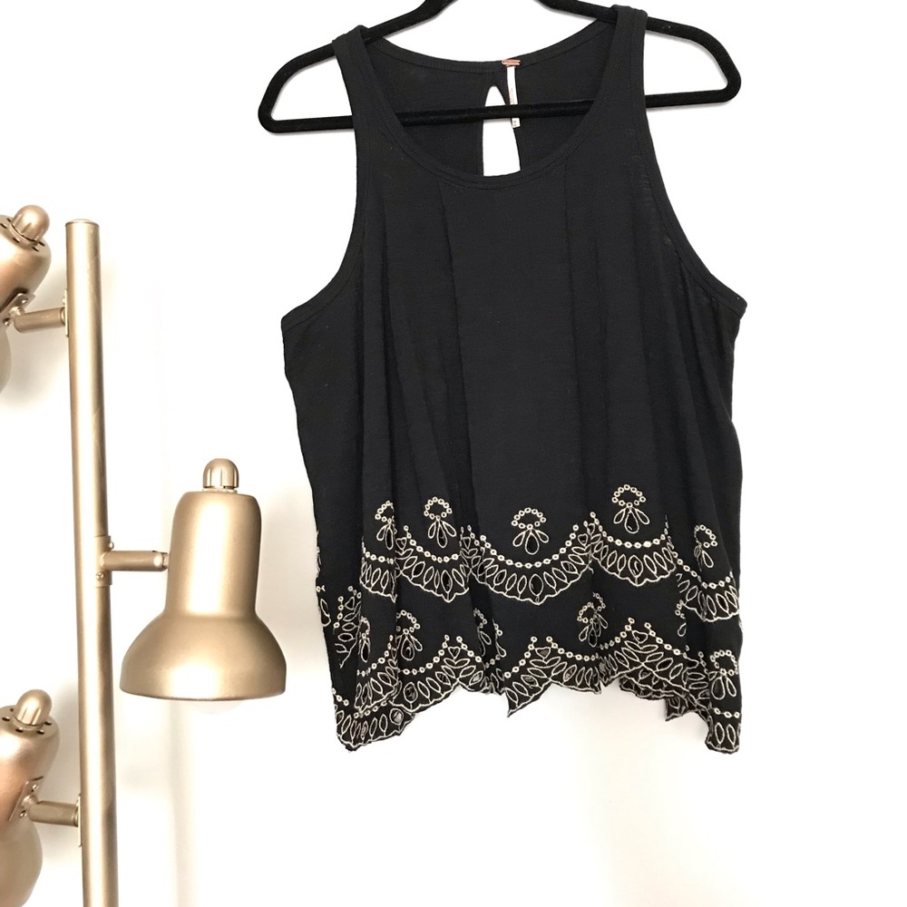 Free People Embroidered Tank Black Ivory Pleated M